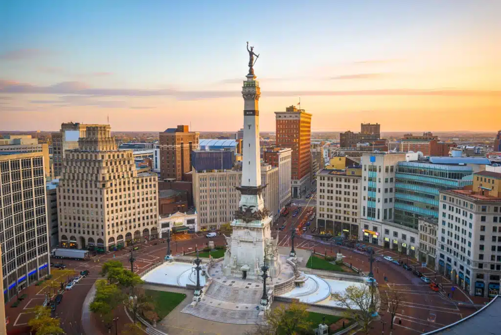 Monument Circle in downtown Indianapolis, featuring the iconic Soldiers and Sailors Monument